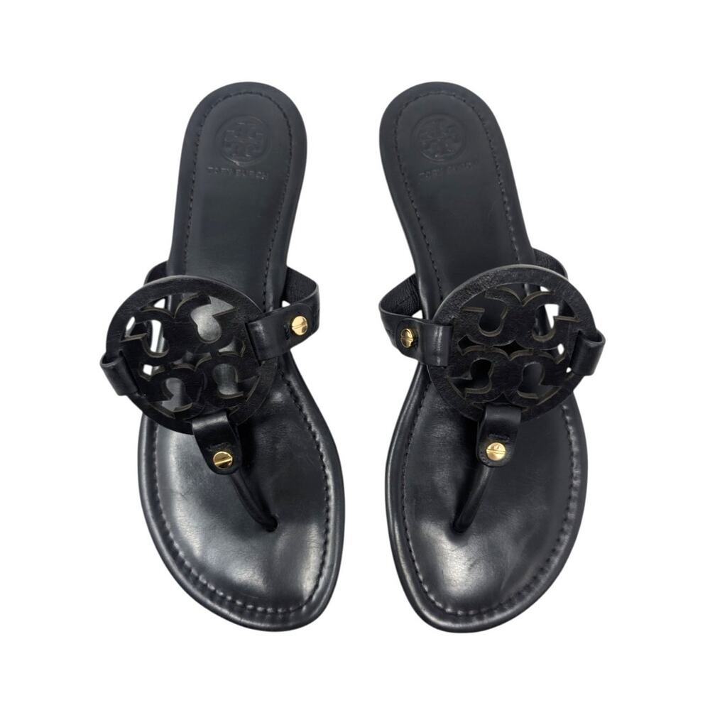 Tory Burch Miller Black Leather Logo Thong Sandals Size 8M Classic